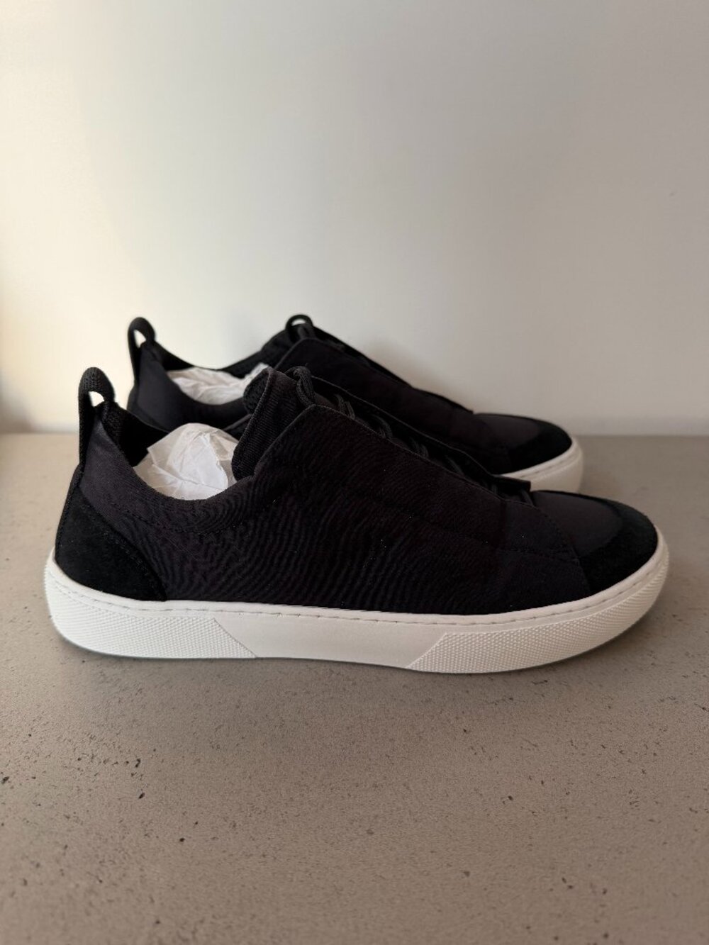 James Perse Solstice Skate Low Top Sneakers — Black Nylon Suede, Size 8
